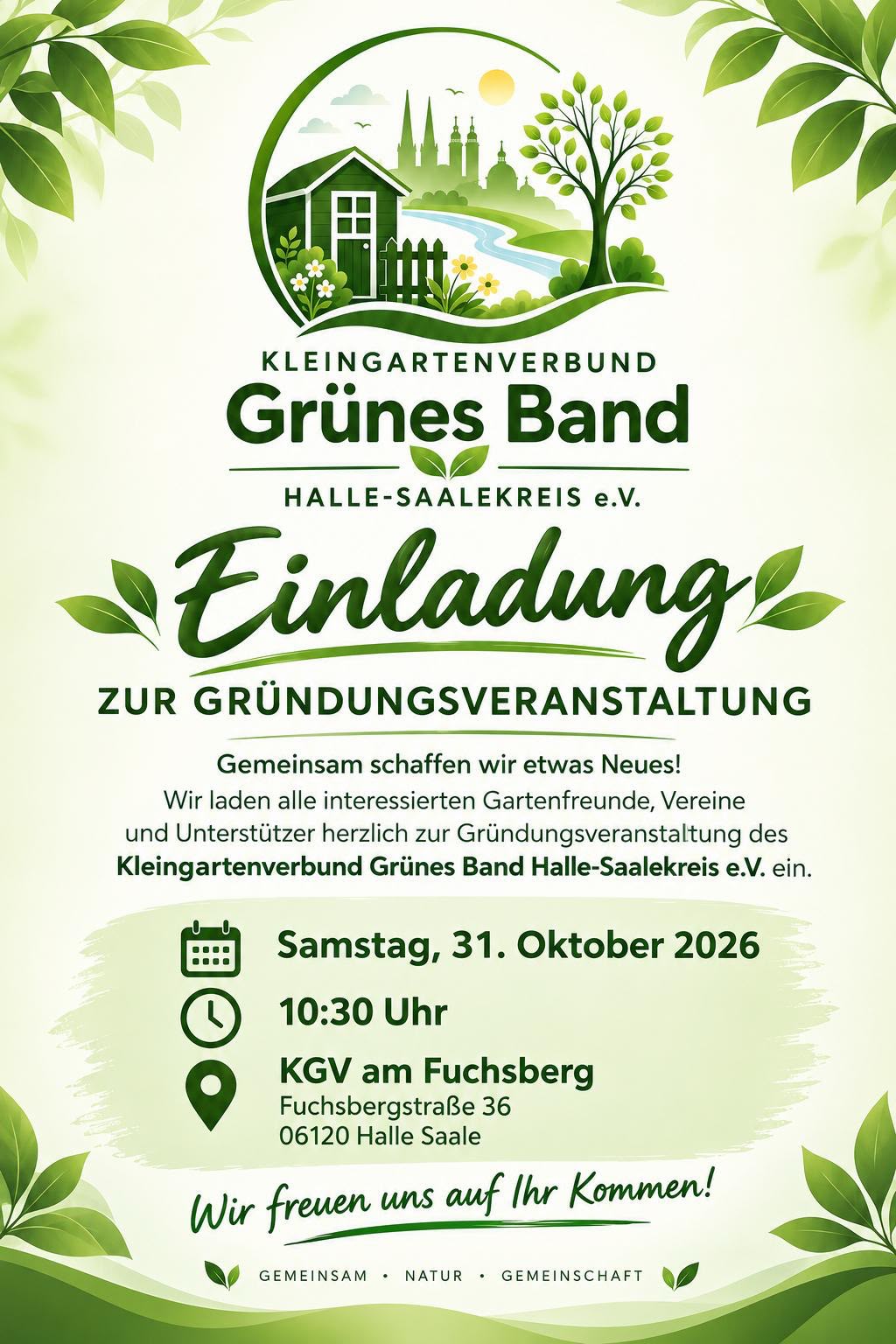 Einladung zur Gründungsveranstaltung am Samstag, 31. Oktober 2026, 10:30 Uhr beim KGV Am Fuchsberg, Fuchsbergstraße 36, 06120 Halle (Saale)